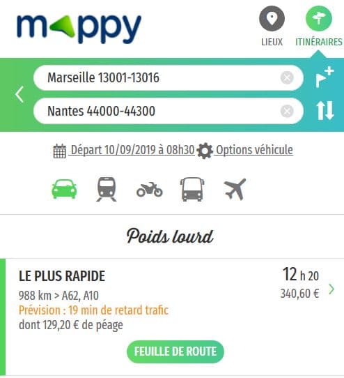 prix itineraire mappy marseille nantes